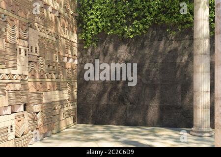 Empty corner of an ivy-covered decorative wall and old columns. Wall of stone blocks and bricks with pattern in ancient style. Сopy space. Antique arc Stock Photo