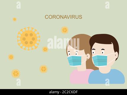 Concepts of wearing protective mask in coronavirus pandemic outbreak. Man and woman wearing hygienic blue mask to prevent coronavirus or covid-19 infe Stock Vector