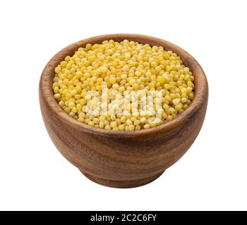 Israeli couscous. Ptitim in wooden bowl isolated on white background Stock Photo