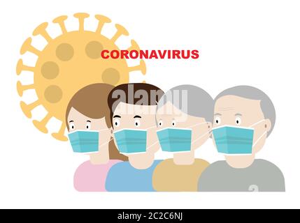 Concepts of wearing protective mask in coronavirus pandemic outbreak. Man and woman, adult and elderly, wearing hygienic blue mask to prevent coronavi Stock Vector