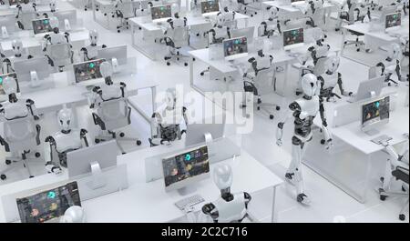 Many identical clone robots work in the office sitting at desks with computers. Future concept without people with smart robotics and artificial intel Stock Photo