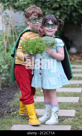 Frank Kenny, 7, and Nora Kenny, 5, at the launch of the national BiaHero campaign in Dublin, which seeks to tackle the problems of food security in a time of climate change and biodiversity loss by supporting people in growing their own healthy, local food. Stock Photo
