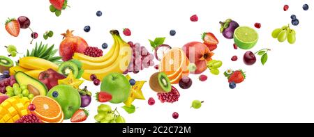 Flying fruits and berries isolated on white background Stock Photo
