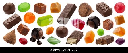 Various jelly candies, caramel, lollipops isolated on white background Stock Photo