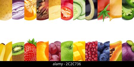 Wide collage of different fruits and vegetables isolated on white background with copy space Stock Photo