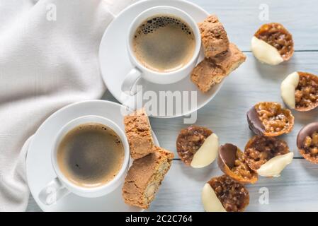 Cups of coffee with florentine cookies Stock Photo