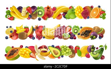 Tropical and exotic seasonal fruits, forest berries background Stock Photo