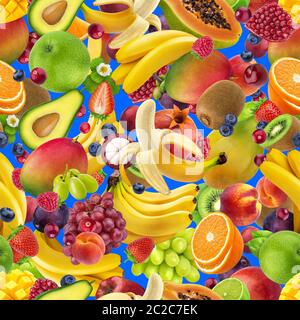 Tropical fruits seamless pattern, falling exotic fruits isolated on blue background Stock Photo