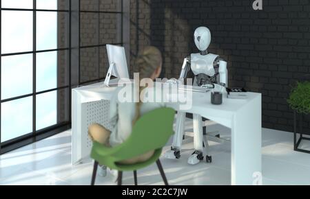 The robot is interviewing a woman in a modern office. Human communication with robotics. Future concept with smart robotics and artificial intelligenc Stock Photo