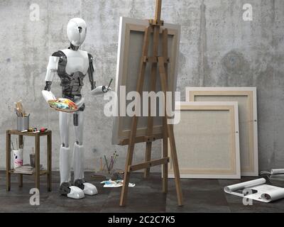 A humanoid robot artist paints a picture in an art workshop. Future concept with smart robotics and artificial intelligence. 3D rendering
