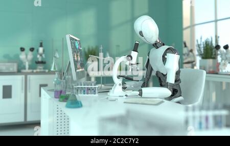 A humanoid robot in a laboratory works with a microscope. Scientific experiments. Future concept with smart robotics and artificial intelligence. 3D r Stock Photo