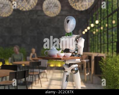 A humanoid robot waiter carries a tray of food and drinks in a restaurant. Artificial intelligence replaces maintenance staff. The concept of the futu