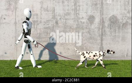 A humanoid robot walks a Dalmatian breed dog with a leash on the lawn. Replacing human labor with robotics. Future concept with smart robotics and art Stock Photo