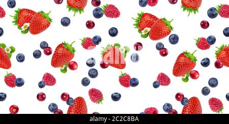 Seamless pattern of flying berries isolated on white background with clipping path, different falling wild berry fruits Stock Photo