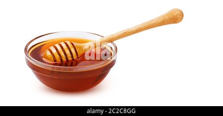 Honey stick and bowl of honey isolated on white background with clipping path Stock Photo