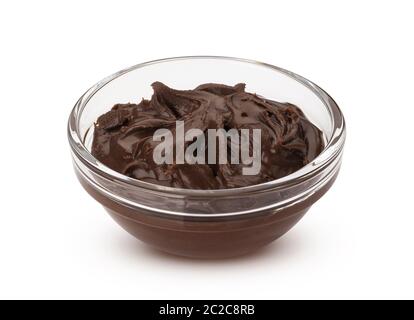 Chocolate hazelnut cream in glass bowl, isolated on white background Stock Photo