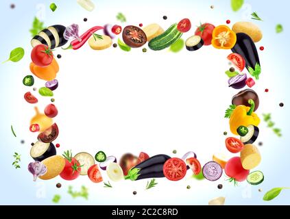 Vegetable isolated on white background, frame made of different flying vegetables, herbs and spices, with copy space Stock Photo