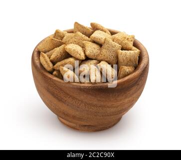 Sweet corn pads with chocolate and milk filling in wooden bowl isolated on white background Stock Photo