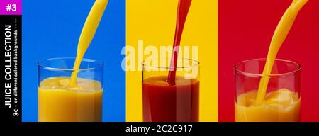 Juice pouring into glass, orange and tomato juices Stock Photo