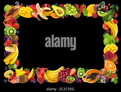 Frame made of different fruits and berries, on black background Stock Photo