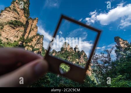 The Gathering of Heavenly Soldiers scenic rock formations in a frame, Avatar mountains nature park, Zhangjiajie, Hunan Stock Photo