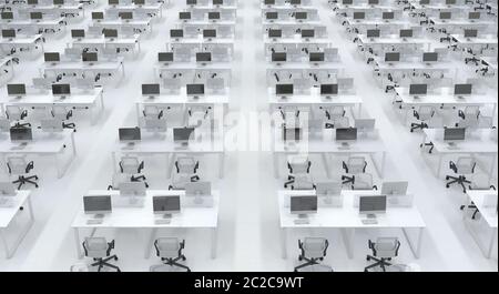 Many empty identical workplaces with computers in the interior of an office open space. Large bright office room in black and white without people. 3D Stock Photo