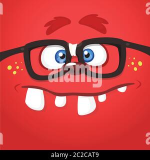 Cartoon monster face wearing glasses. Vector illustration Stock Vector