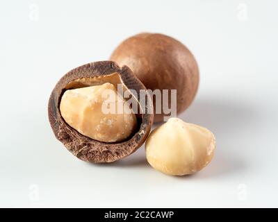 Three macadamia nuts isolated on white Stock Photo