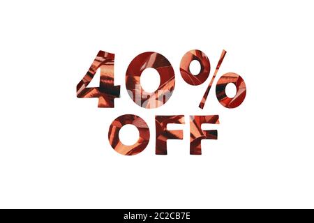 40% off symbolic text cut out of a close-up of a shiny red gift ribbon Stock Photo