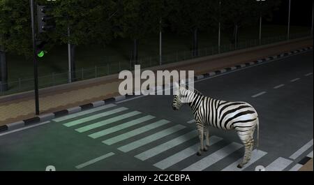 Wild animal zebra crosses the road at the crosswalk in the night city observing the Traffic Laws.  Creative conceptual illustration. 3D rendering Stock Photo