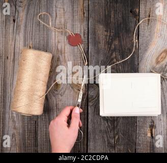 stack of empty cards on a gray wooden table, top view Stock Photo