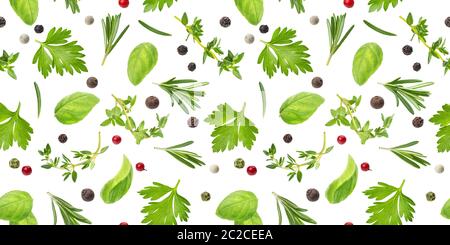 Different spices and herbs seamless pattern isolated on white background, top view Stock Photo