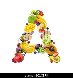 Letter A made of different fruits and berries, fruit alphabet isolated on white background Stock Photo