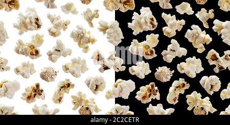 Popcorn seamless pattern. Pop corn on white and black backgrounds Stock Photo