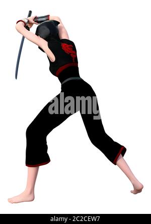 3D rendering of a female ninja holding a sword isolated on white background Stock Photo