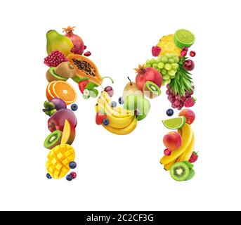 Letter M made of different fruits and berries, fruit font isolated on white background Stock Photo