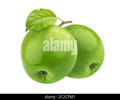 Two green apples on branch isolated on white background Stock Photo