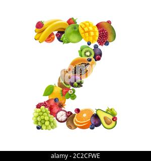 Letter Z made of different fruits and berries, fruit alphabet isolated on white background Stock Photo