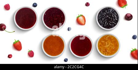 Summer berries with jam in ceramic bowls top view Stock Photo