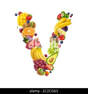 Letter V made of different fruits and berries Stock Photo