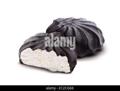 Chocolate covered marshmallows, traditional russian zephyr in chocolate isolated on white background Stock Photo