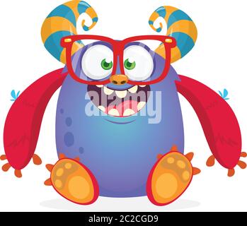 Happy horned monster with big eyeglasses. Halloween  vector illustration for print, sticker or logo Stock Vector