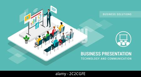 Business people attending a seminar in the conference room, the executive is giving a presentation on a interactive whiteboard Stock Vector