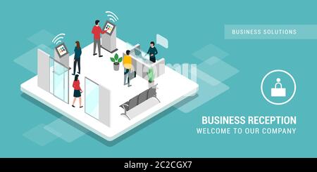 Business reception with helpdesk and touch screen kiosks in a corporate building, people are entering and asking informations Stock Vector