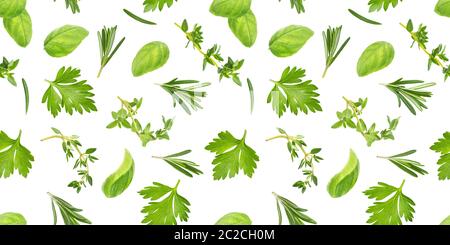 Different spices and herbs seamless pattern isolated on white background, top view Stock Photo