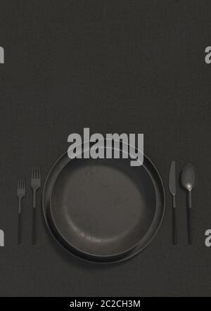 Empty black plate and cutlery on a black table. Monochrome vertical illustration of a table serving on a top view. Copy space. 3D rendering Stock Photo