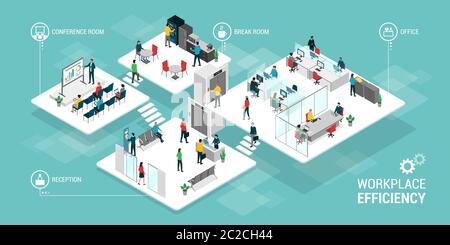 Innovative efficient corporate workspace and business people working together: isometric office, reception, break room and conference room Stock Vector