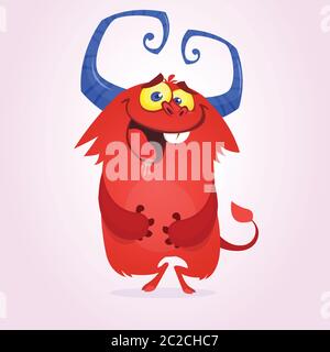 Scared cartoon funny monster with big horns. Clipart illustration Stock Vector