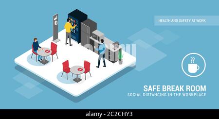 Safe break room and social distancing: business people having a coffee break in the cafeteria and keeping a safe distance Stock Vector