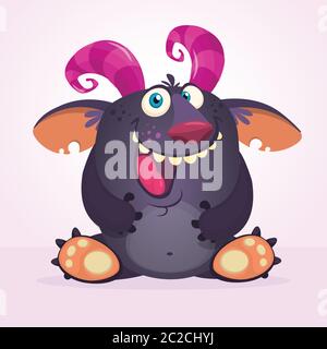 Adorable cute cartoon monster with pink horns. Vector children illustration Stock Vector